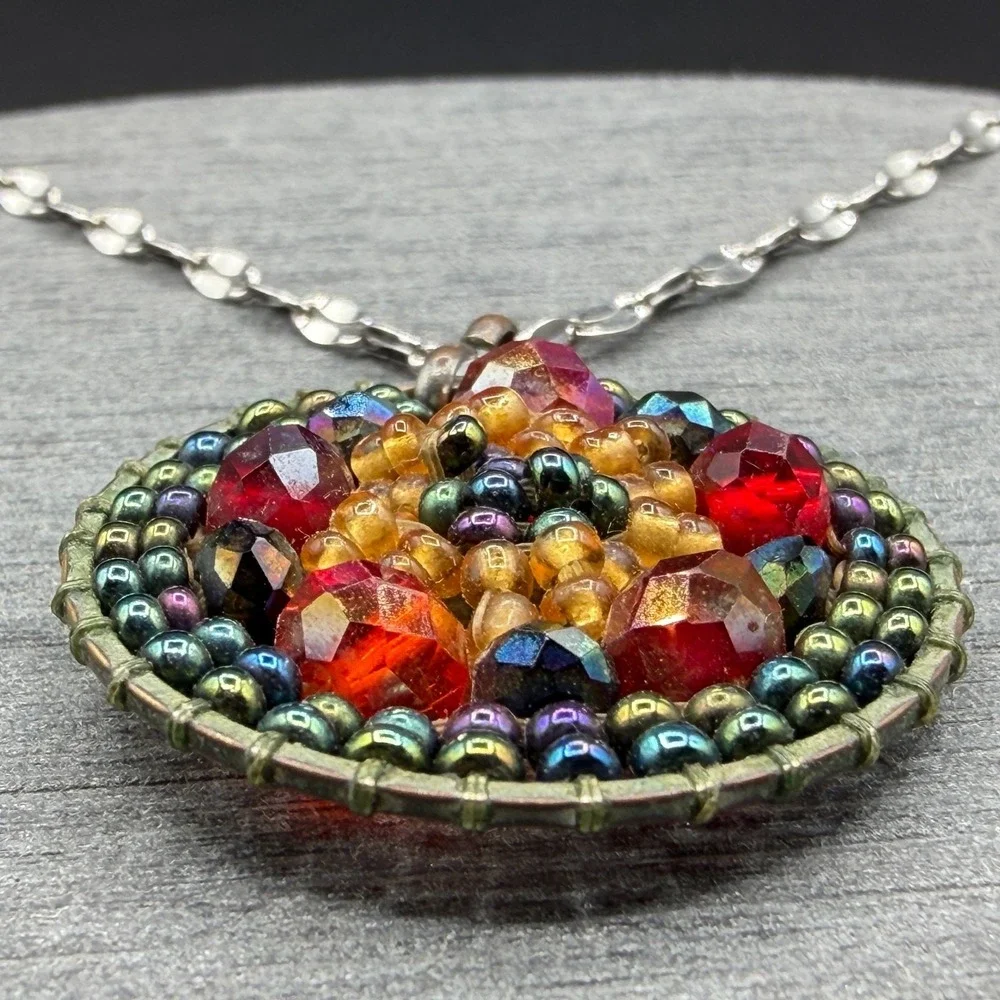 Multicolor Beaded Mosaic Pendant Necklace Stainless Steel Chain Boho Statement